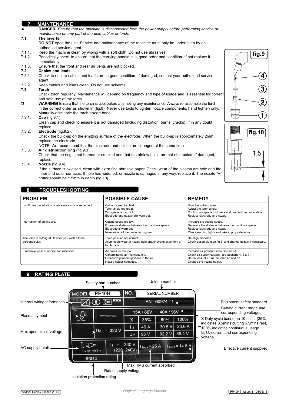 Fig.10, Fig.9, Maintenance | Troubleshooting 9. rating plate, Problem possible cause remedy, Pp40h | Sealey PP40H User Manual | Page 6 / 7