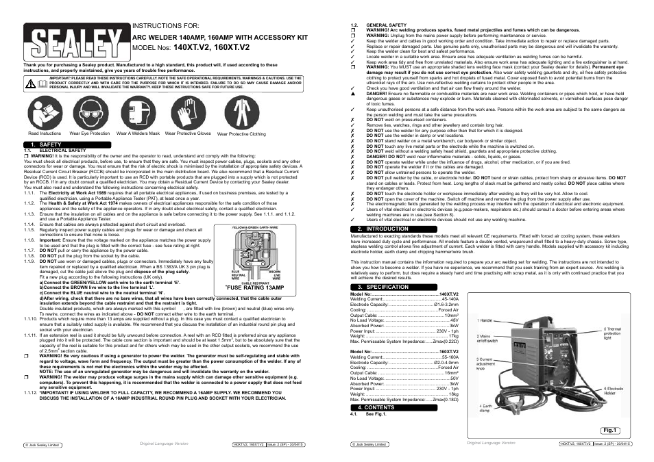 Fuse rating 13amp | Sealey 140XT User Manual | Page 2 / 4