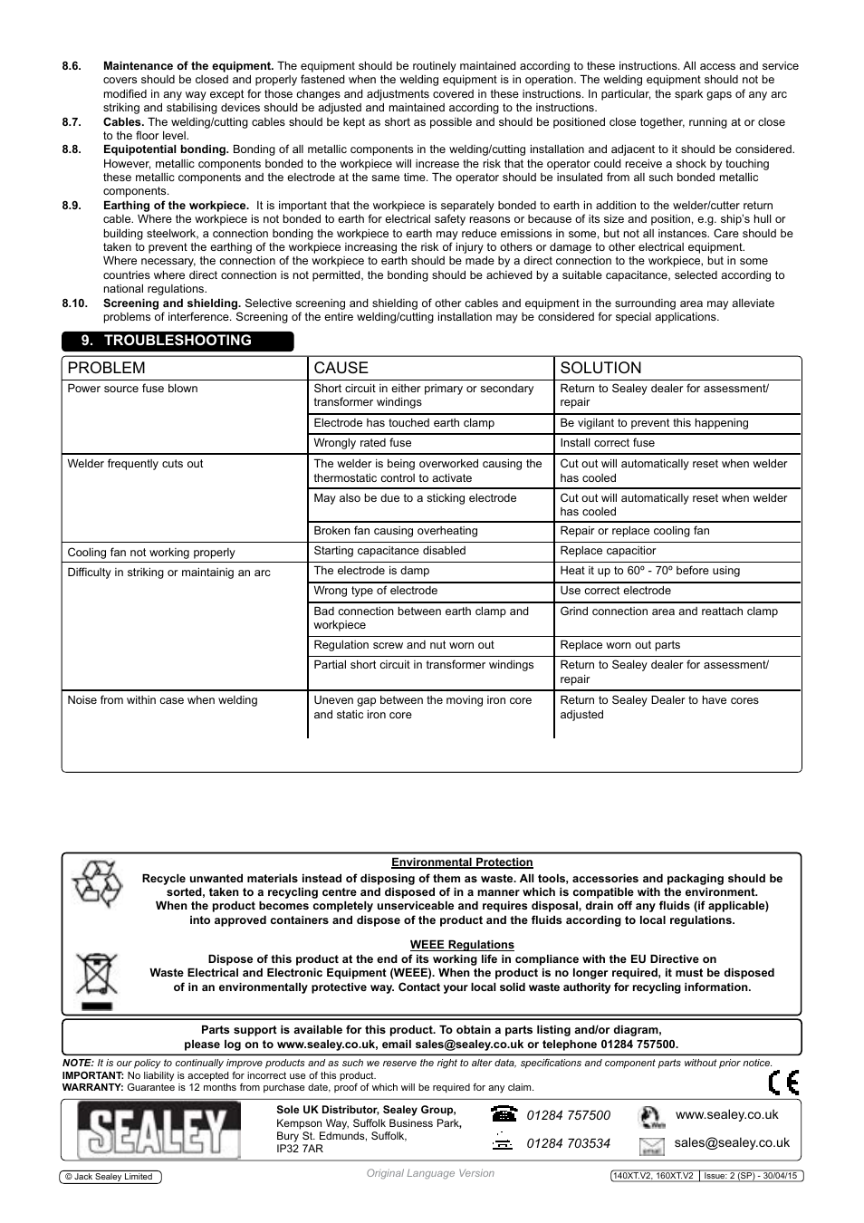 Problem cause solution, Troubleshooting | Sealey 140XT User Manual | Page 4 / 4