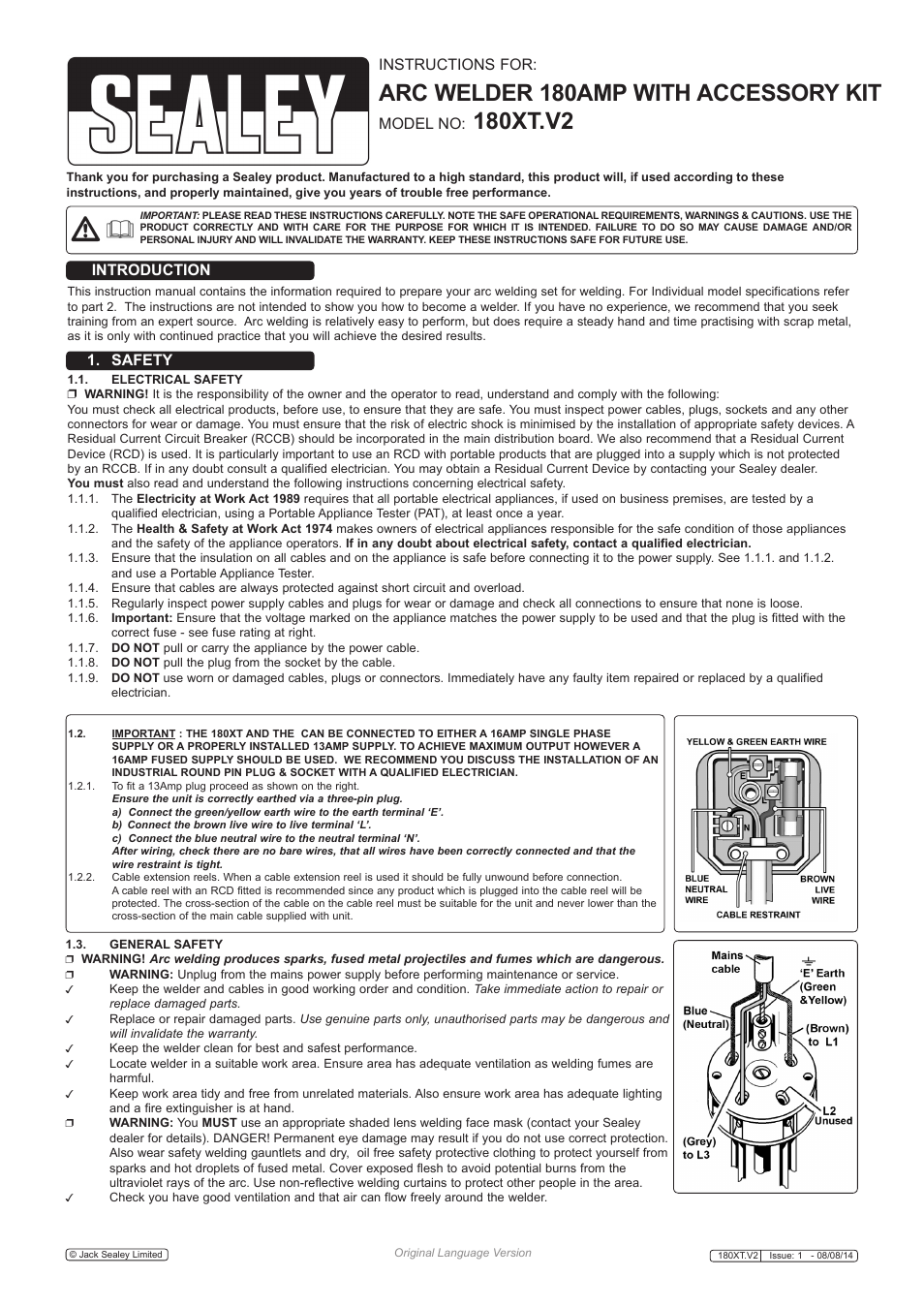 Arc welder 180amp with accessory kit, 180xt.v2, Introduction 1. safety instructions for | Model no | Sealey 180XT User Manual | Page 2 / 8