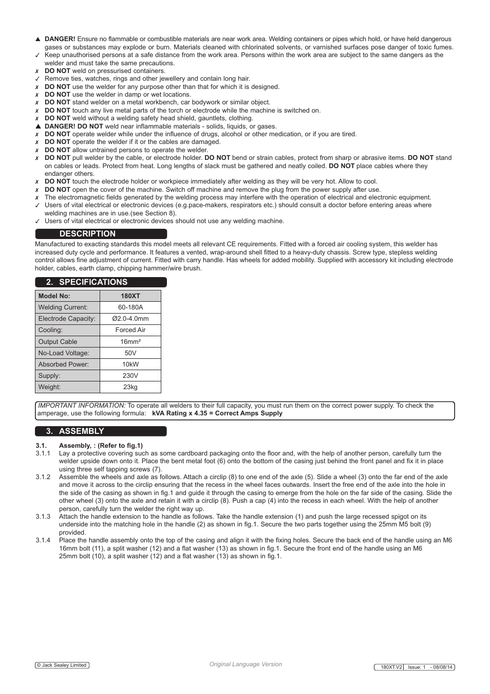 Specifications description 3. assembly | Sealey 180XT User Manual | Page 3 / 8