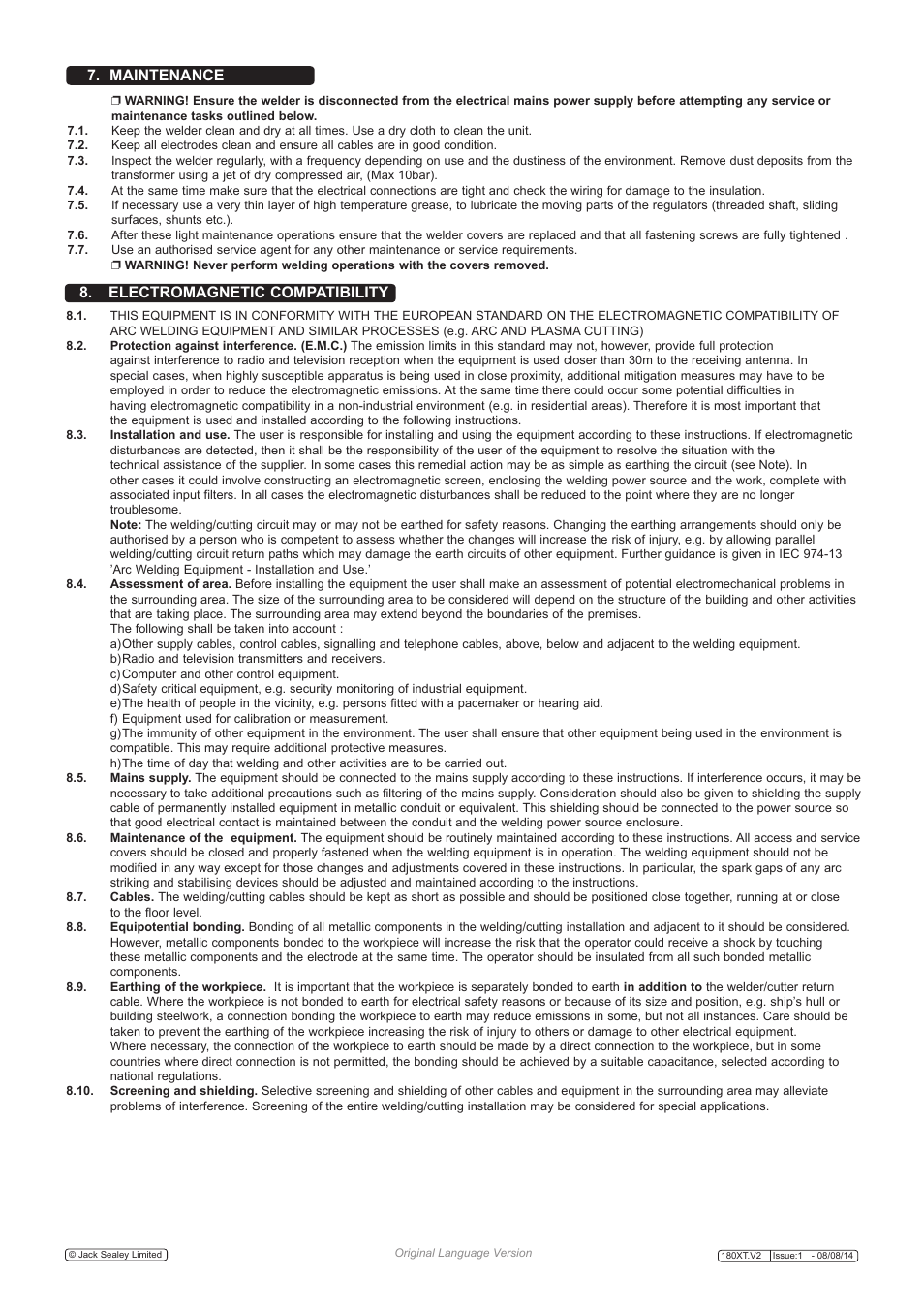 Electromagnetic compatibility, Maintenance | Sealey 180XT User Manual | Page 7 / 8