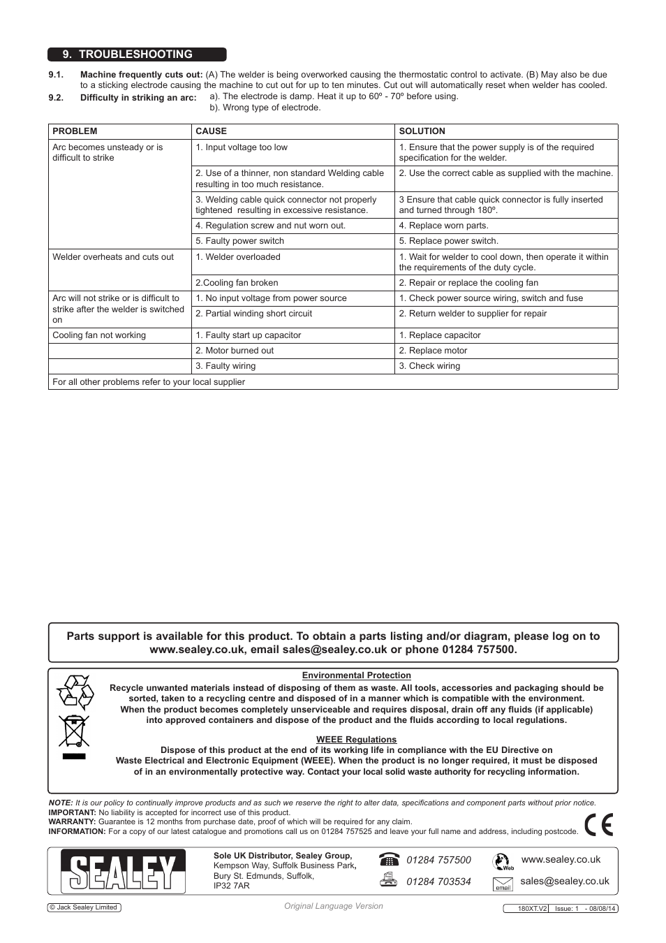 Sealey 180XT User Manual | Page 8 / 8