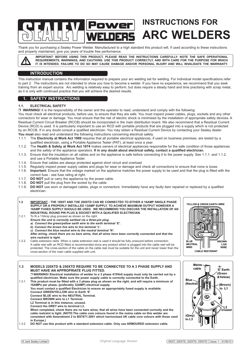 Arc welders, Instructions for, Introduction | Safety instructions | Sealey 200XTD User Manual | Page 2 / 8