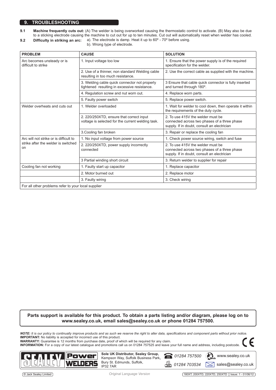 Troubleshooting | Sealey 200XTD User Manual | Page 8 / 8