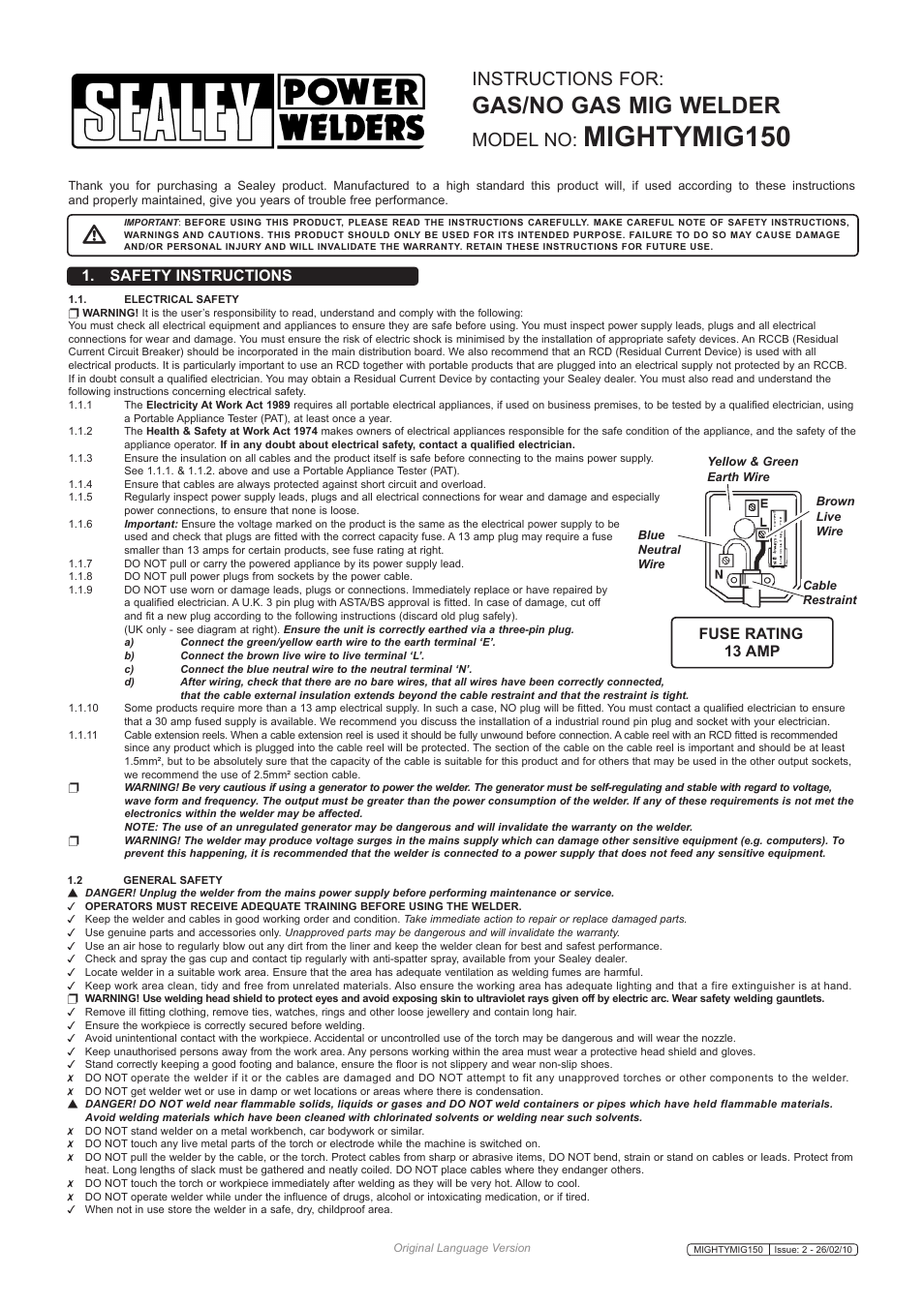 Mightymig150, Gas/no gas mig welder, Instructions for | Model no, Safety instructions, Fuse rating 13 amp | Sealey MIGHTYMIG150 User Manual | Page 2 / 9