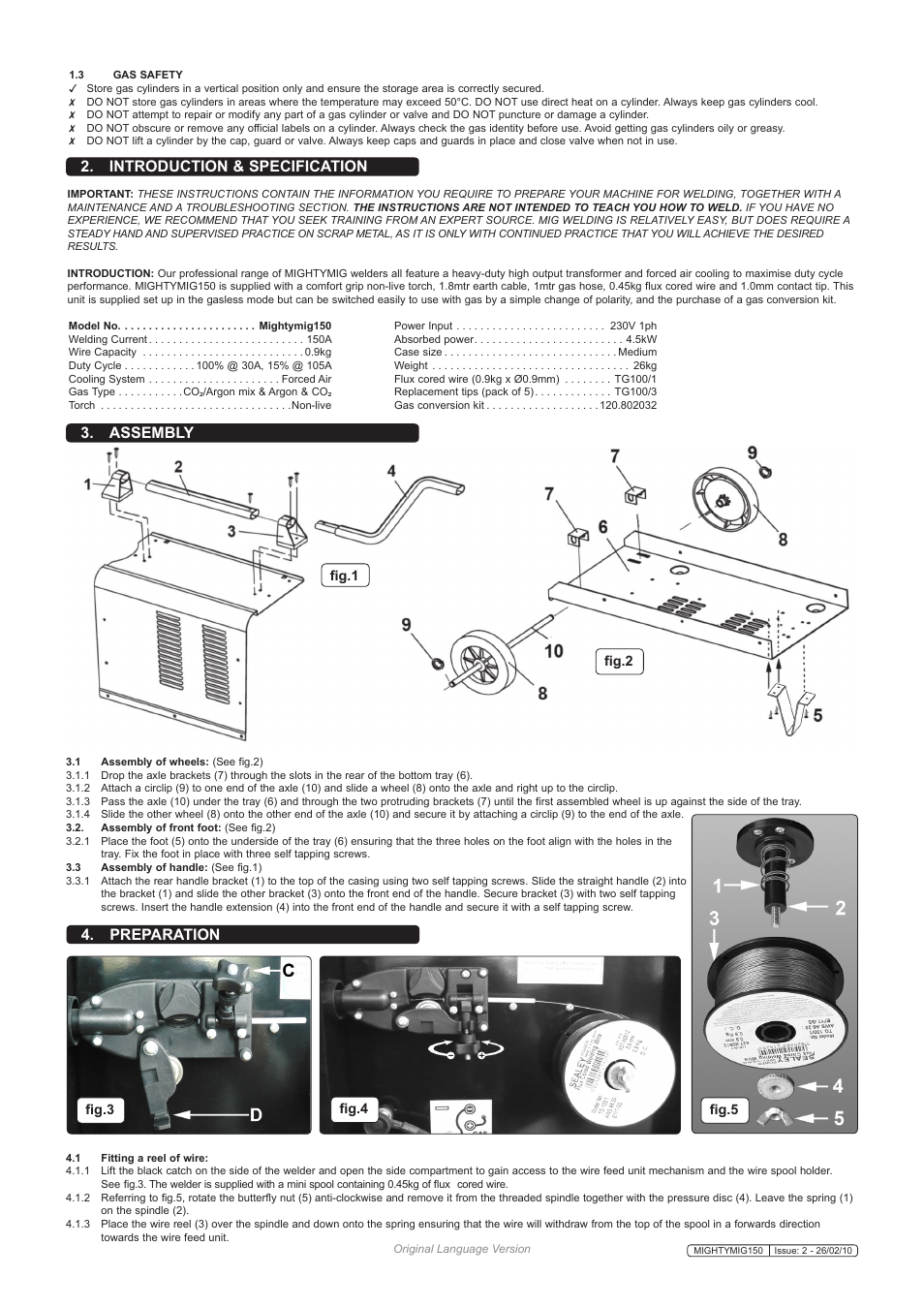 Introduction & specification, Assembly 4. preparation | Sealey MIGHTYMIG150 User Manual | Page 3 / 9