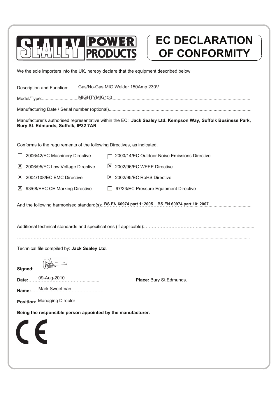 Ec declaration of conformity | Sealey MIGHTYMIG150 User Manual | Page 8 / 9