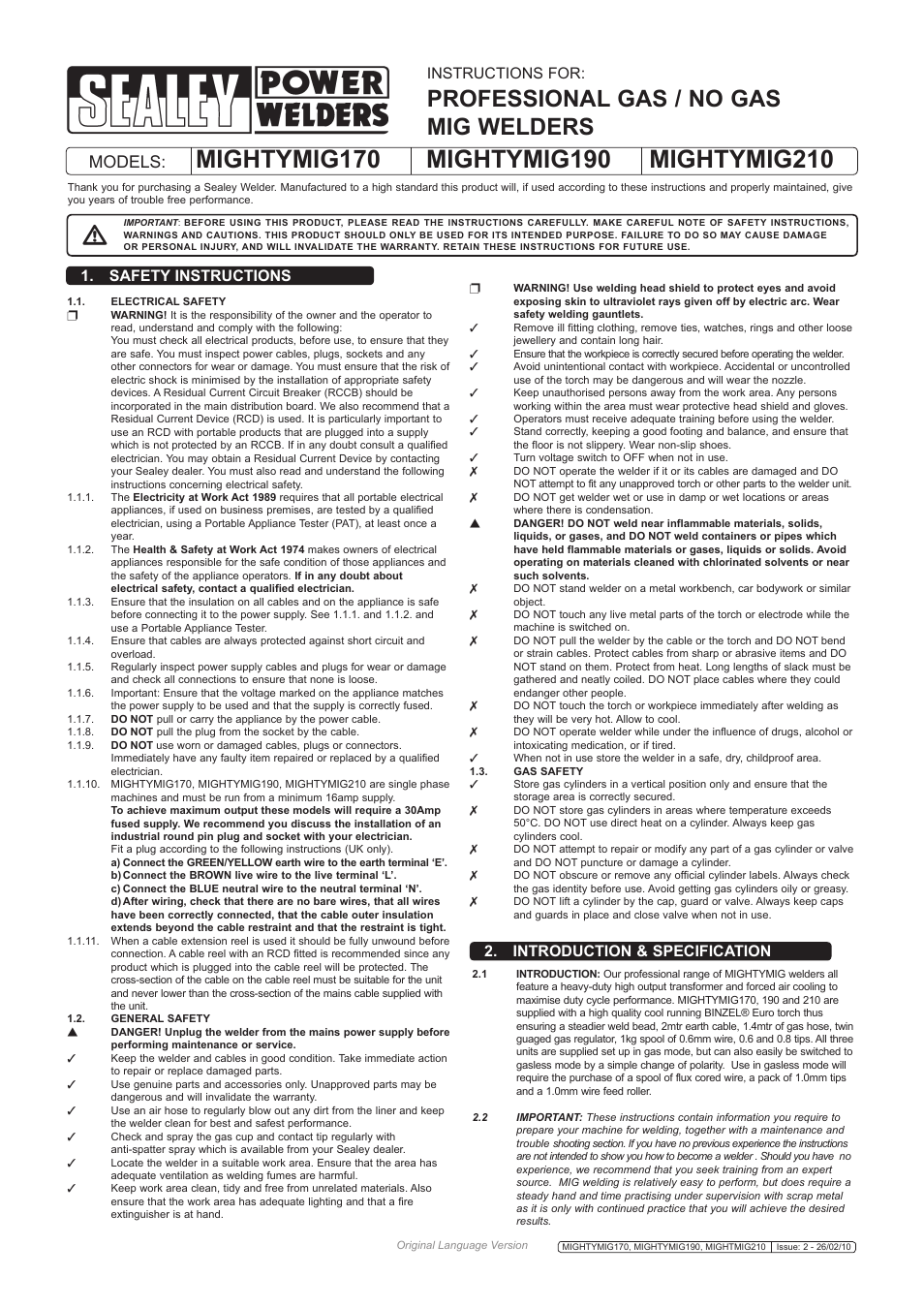 Professional gas / no gas mig welders, Models, Instructions for | Safety instructions, Introduction & specification | Sealey MIGHTYMIG170 User Manual | Page 2 / 8