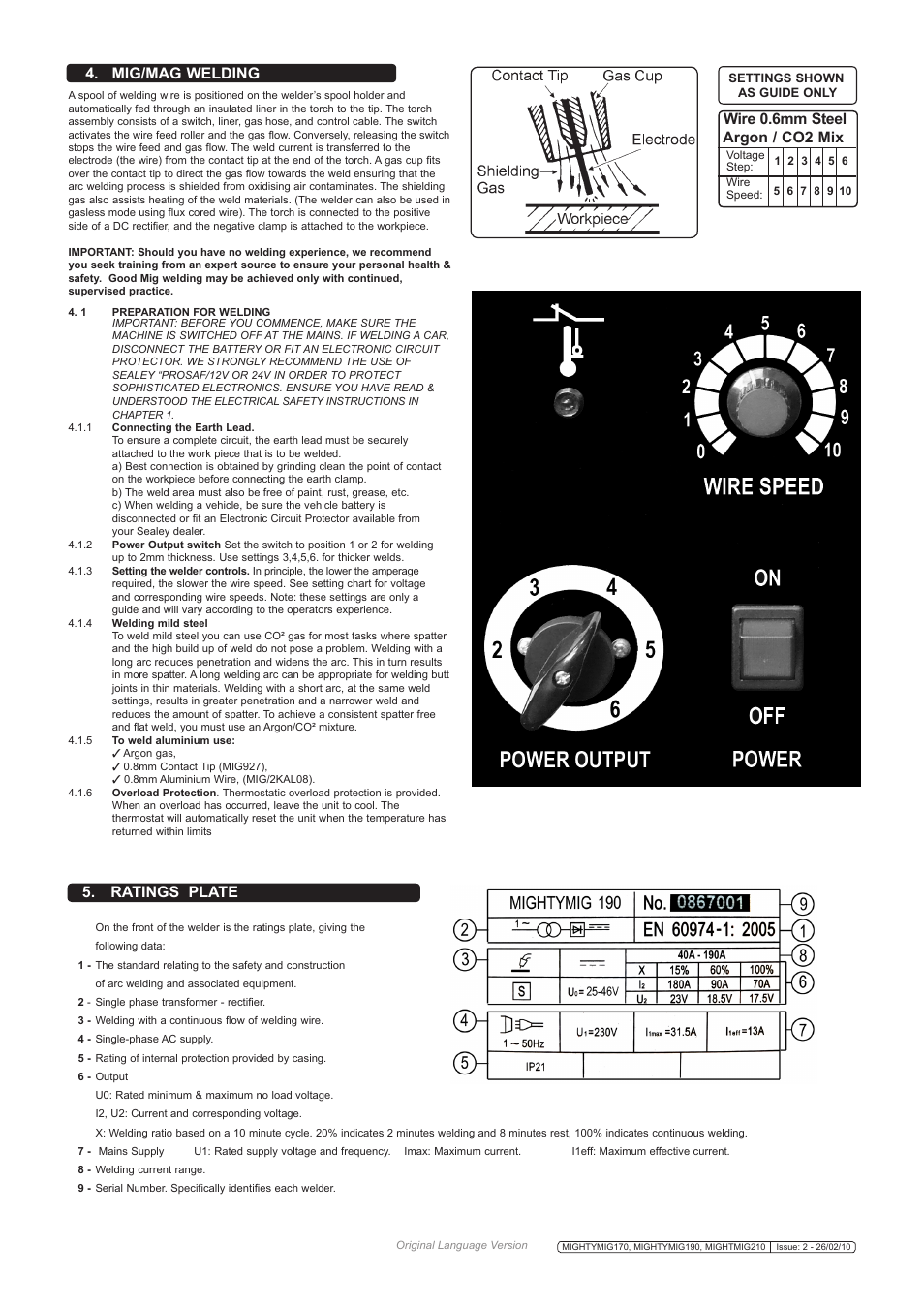 Mig/mag welding, Ratings plate, Wire 0.6mm steel argon / co2 mix | Sealey MIGHTYMIG170 User Manual | Page 6 / 8