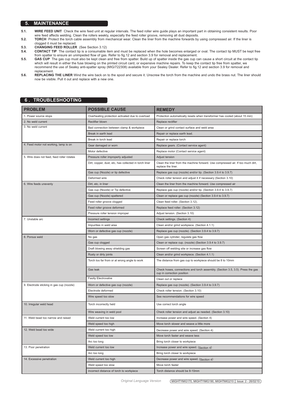 6 . troubleshooting, Maintenance, Problem possible cause remedy | Sealey MIGHTYMIG170 User Manual | Page 7 / 8