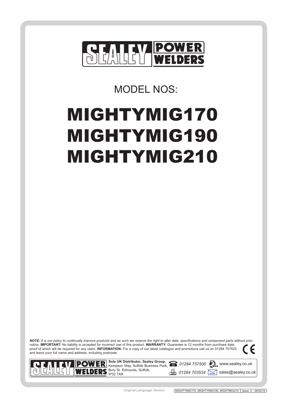 Model nos | Sealey MIGHTYMIG170 User Manual | Page 8 / 8