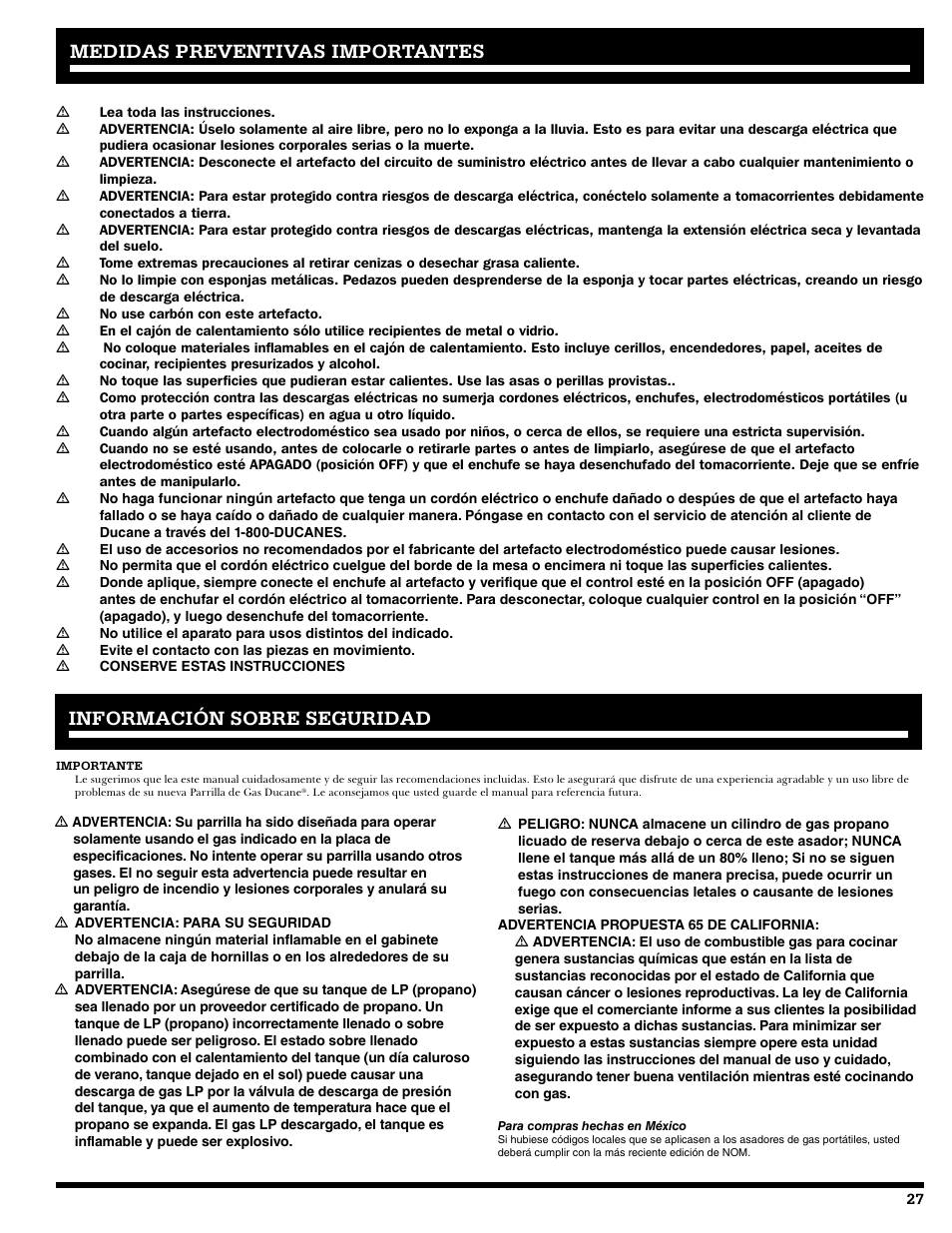 Medidas preventivas importantes, Información sobre seguridad | Ducane 2020805 User Manual | Page 27 / 68