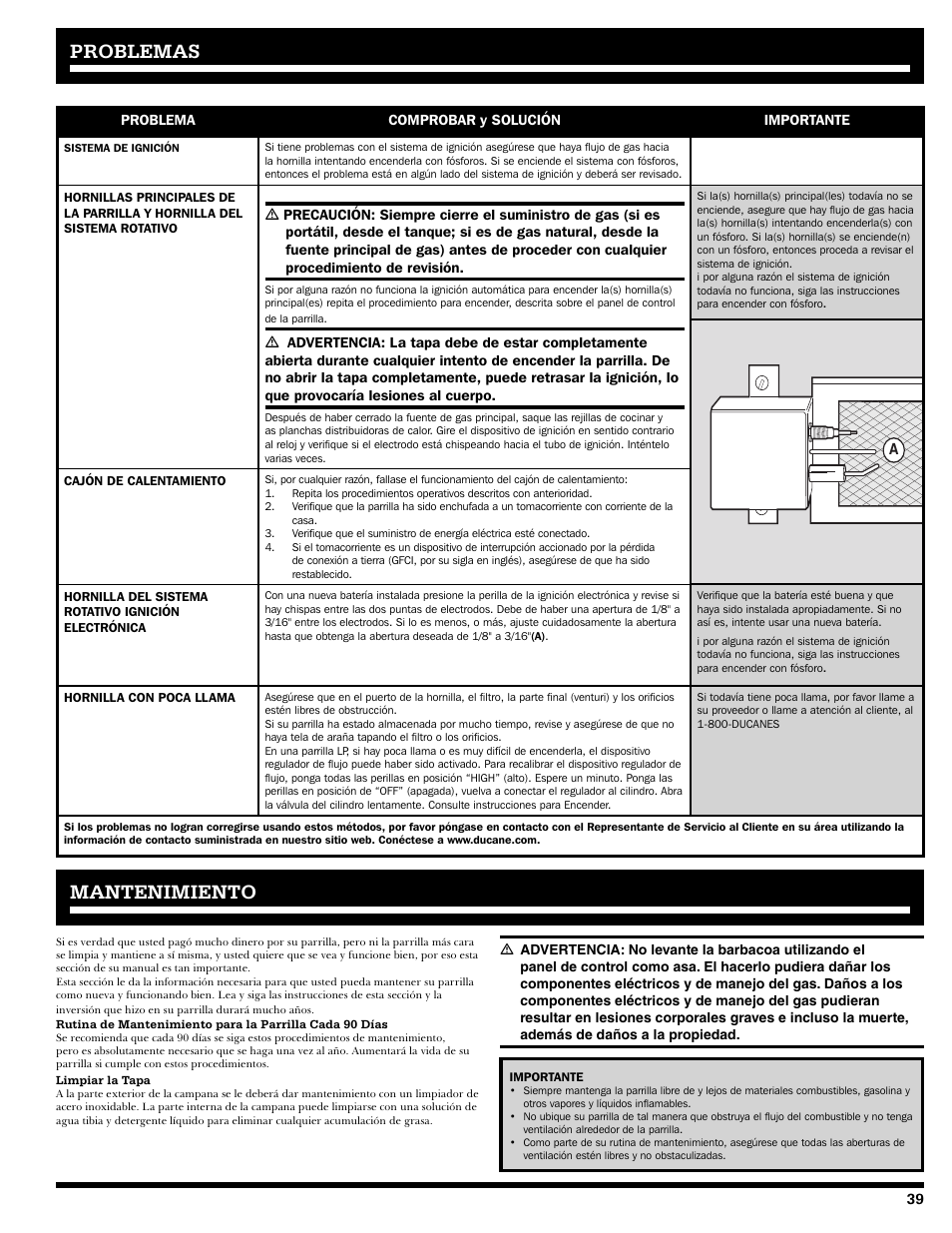 Problemas, Mantenimiento | Ducane 2020805 User Manual | Page 39 / 68