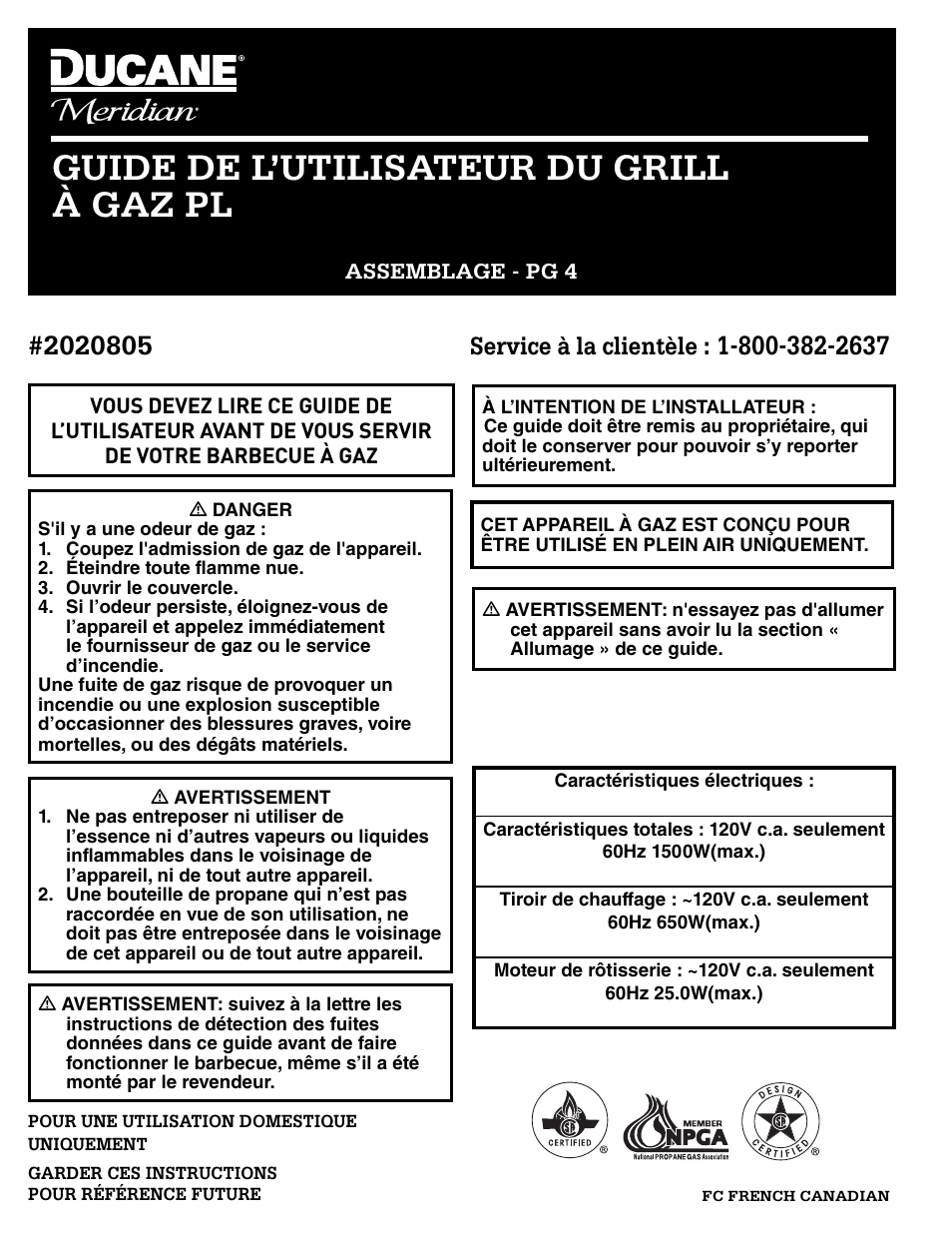 Guide de l’utilisateur du grill à gaz pl, Service à la clientèle | Ducane 2020805 User Manual | Page 44 / 68