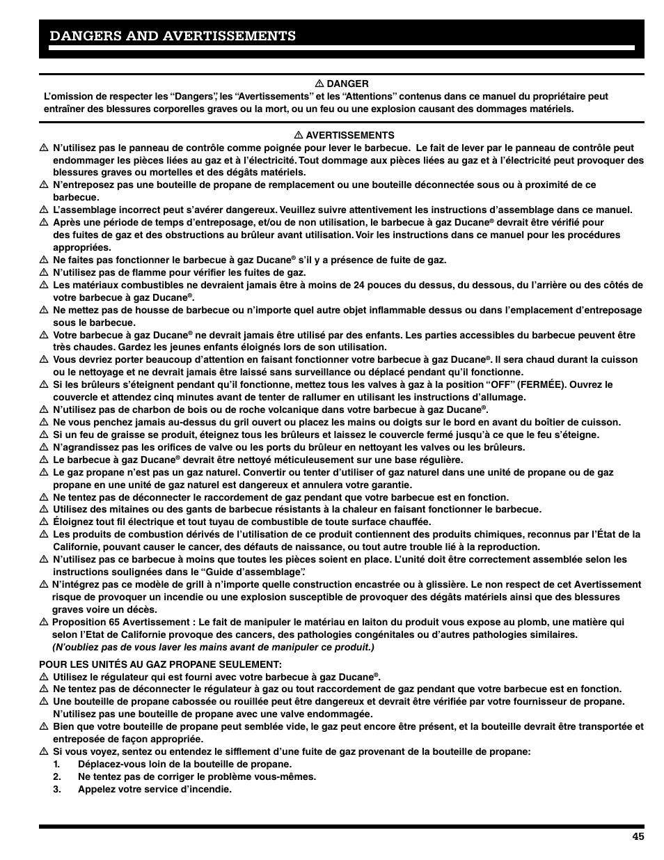 Dangers and avertissements | Ducane 2020805 User Manual | Page 45 / 68