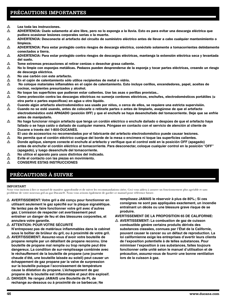 Précautions importantes, Précautions à suivre | Ducane 2020805 User Manual | Page 46 / 68