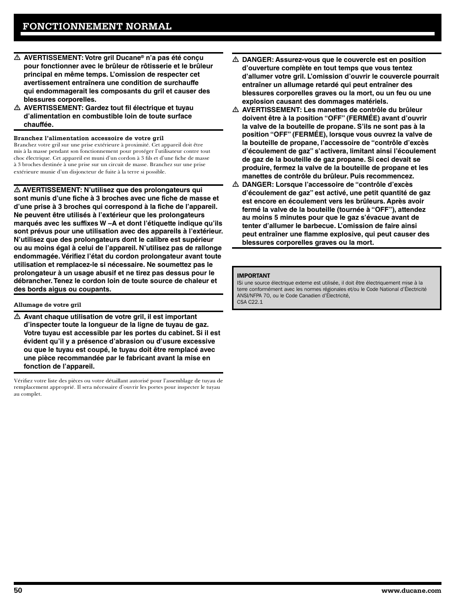 Fonctionnement, Fonctionnement normal normal | Ducane 2020805 User Manual | Page 50 / 68