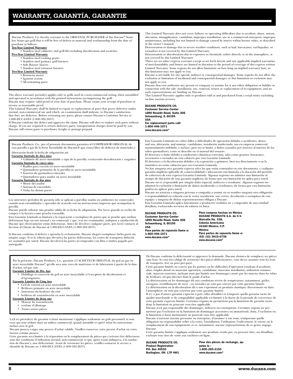 Warranty, garantía, garantie | Ducane 2020805 User Manual | Page 8 / 68