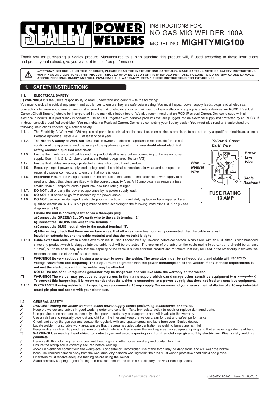 Mightymig100, No gas mig welder 100a, Instructions for | Model no, Safety instructions, Fuse rating 13 amp | Sealey MIGHTYMIG100 User Manual | Page 2 / 6