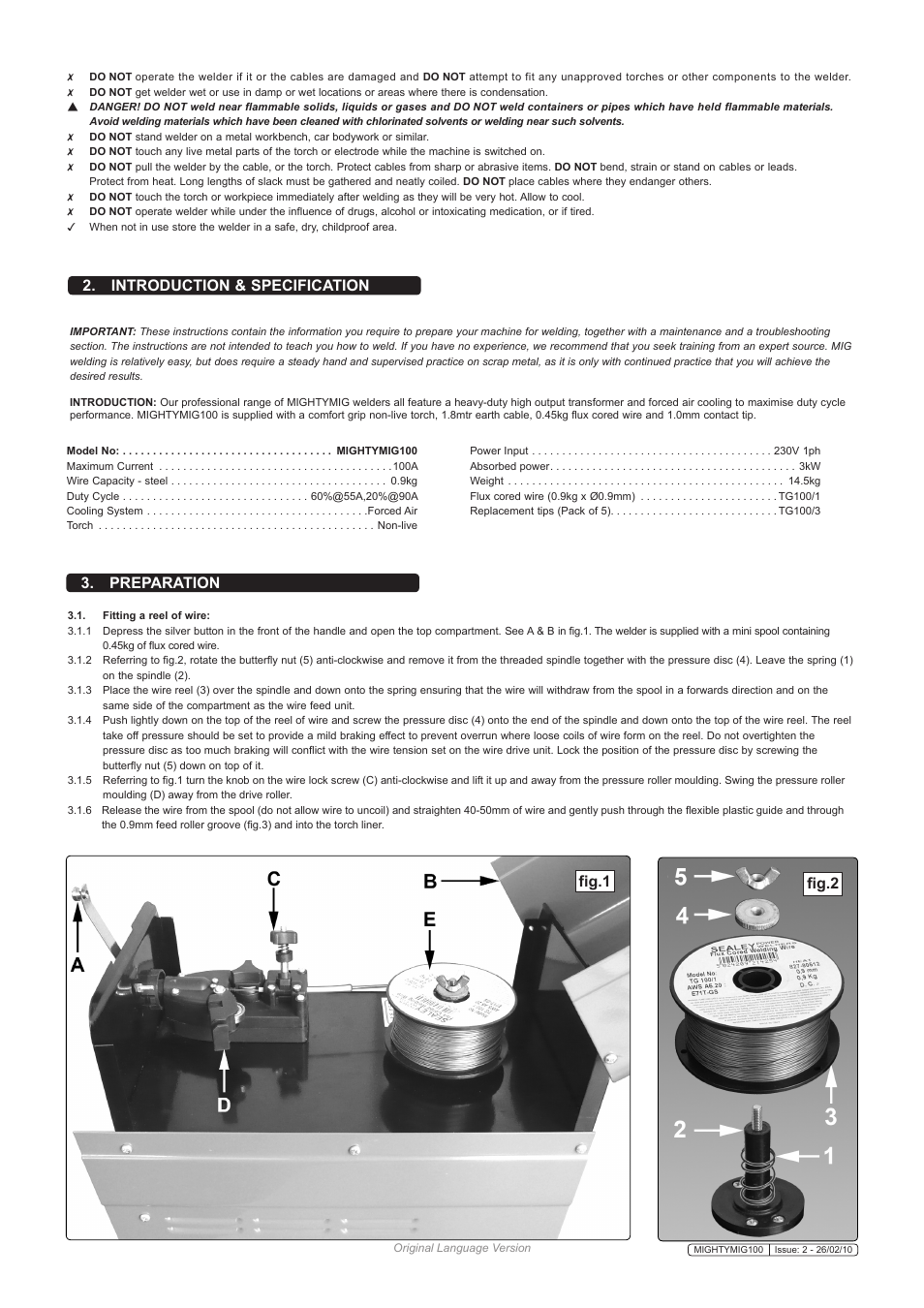 Introduction & specification, Preparation, Fig.1 fig.2 | Sealey MIGHTYMIG100 User Manual | Page 3 / 6