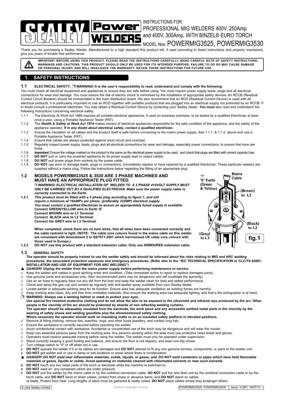 Fig.1, Safety instructions instructions for, Model nos | Sealey POWERMIG3525 User Manual | Page 2 / 9