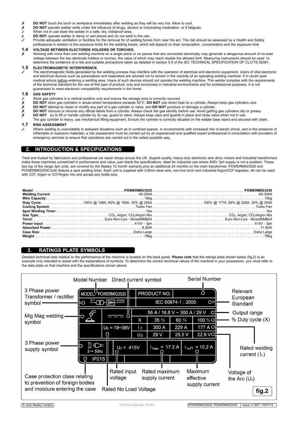 Fig.2, Introduction & specifications, Ratings plate symbols | Sealey POWERMIG3525 User Manual | Page 3 / 9