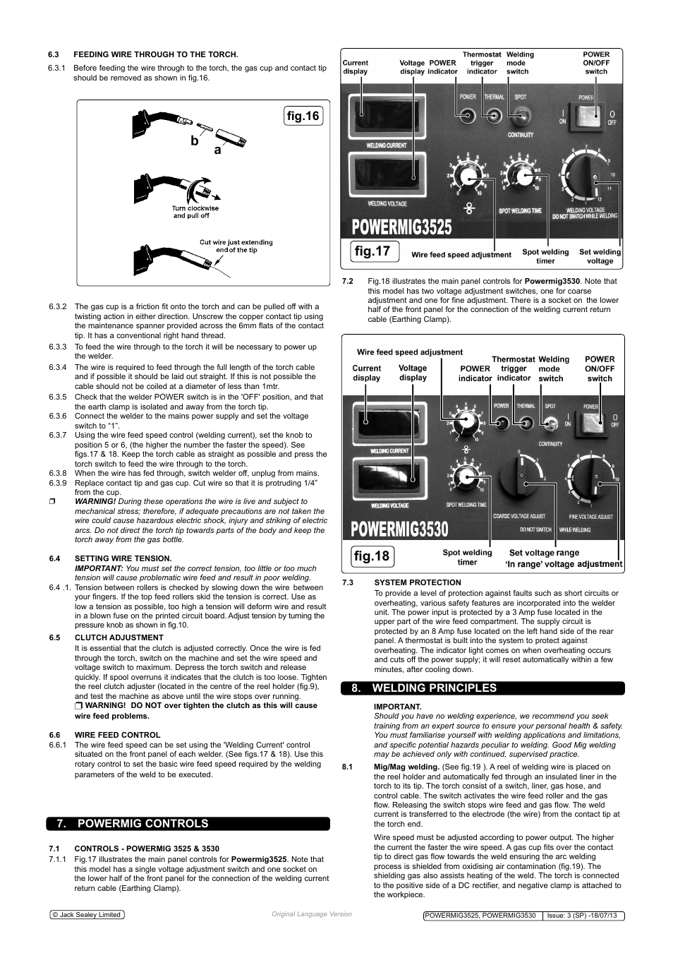 Fig.17, Fig.18, Fig.16 | Powermig controls, Welding principles | Sealey POWERMIG3525 User Manual | Page 6 / 9