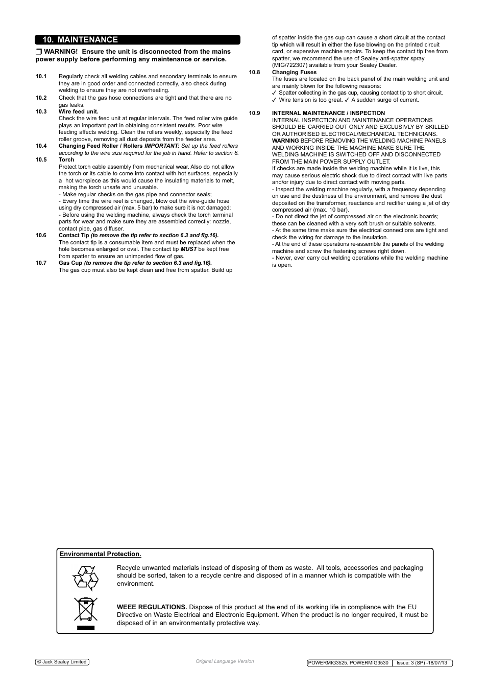 Maintenance | Sealey POWERMIG3525 User Manual | Page 8 / 9