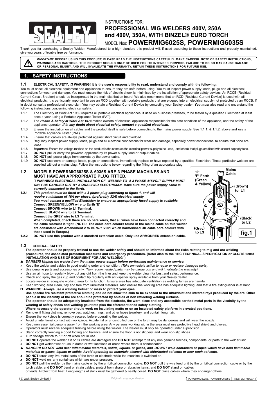 Fig.1, Safety instructions instructions for, Model nos | Sealey POWERMIG6025S User Manual | Page 2 / 10