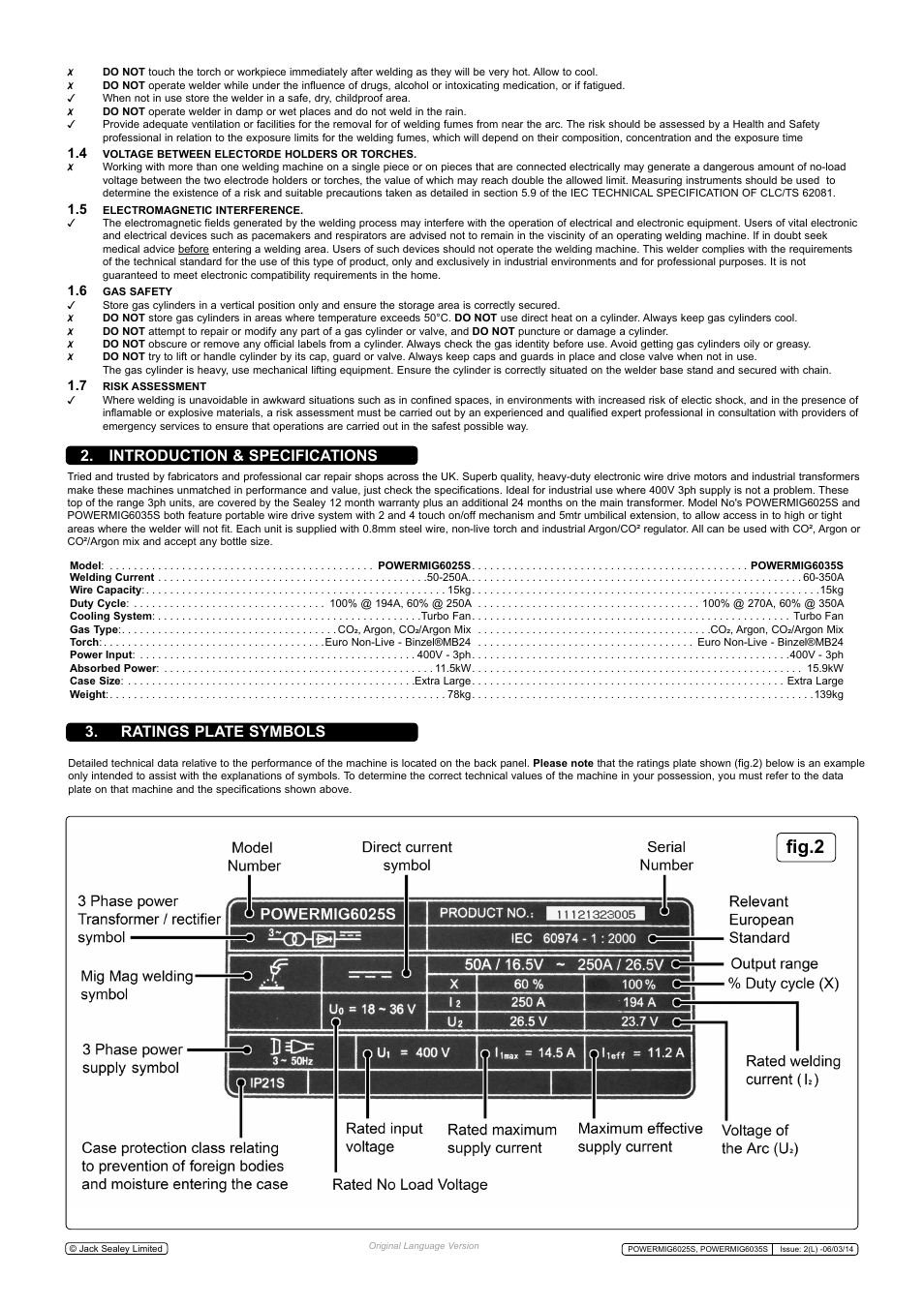 Fig.2, Introduction & specifications, Ratings plate symbols | Sealey POWERMIG6025S User Manual | Page 3 / 10