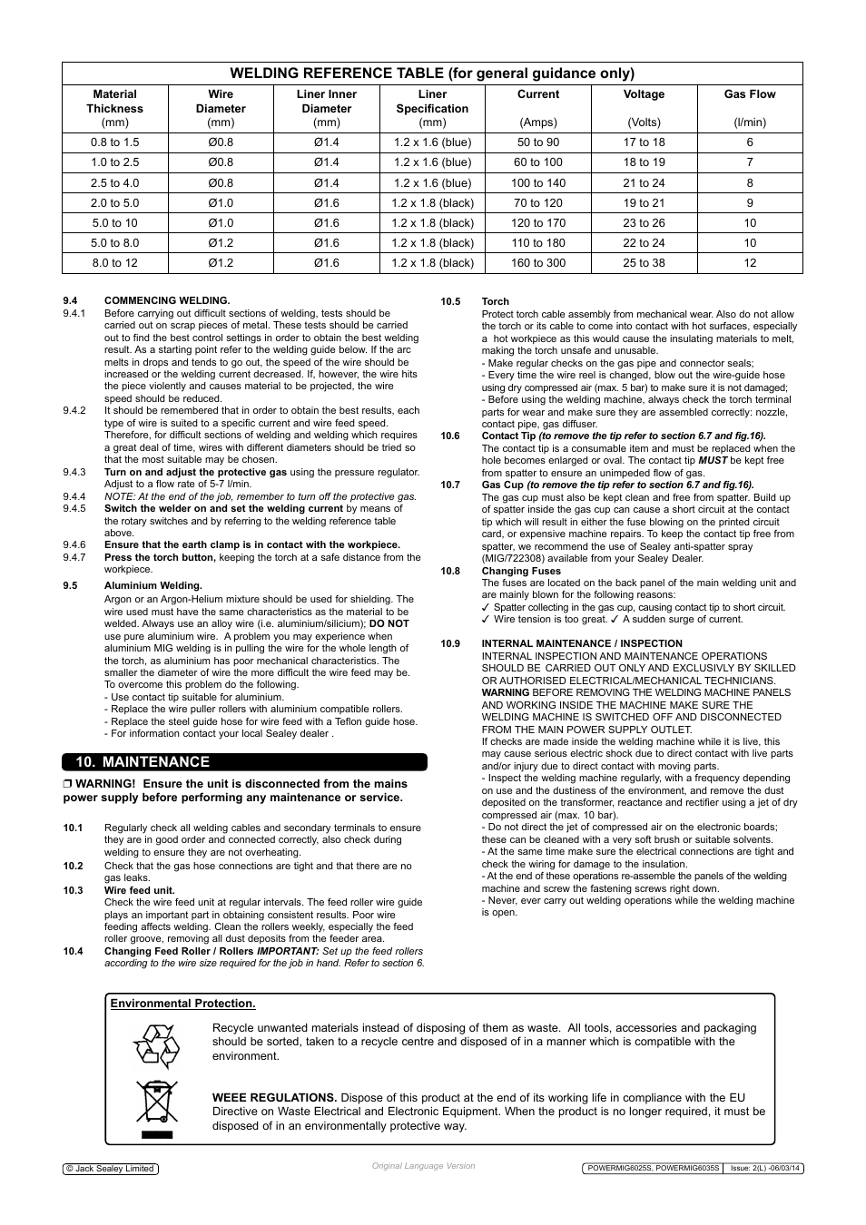 Maintenance | Sealey POWERMIG6025S User Manual | Page 9 / 10