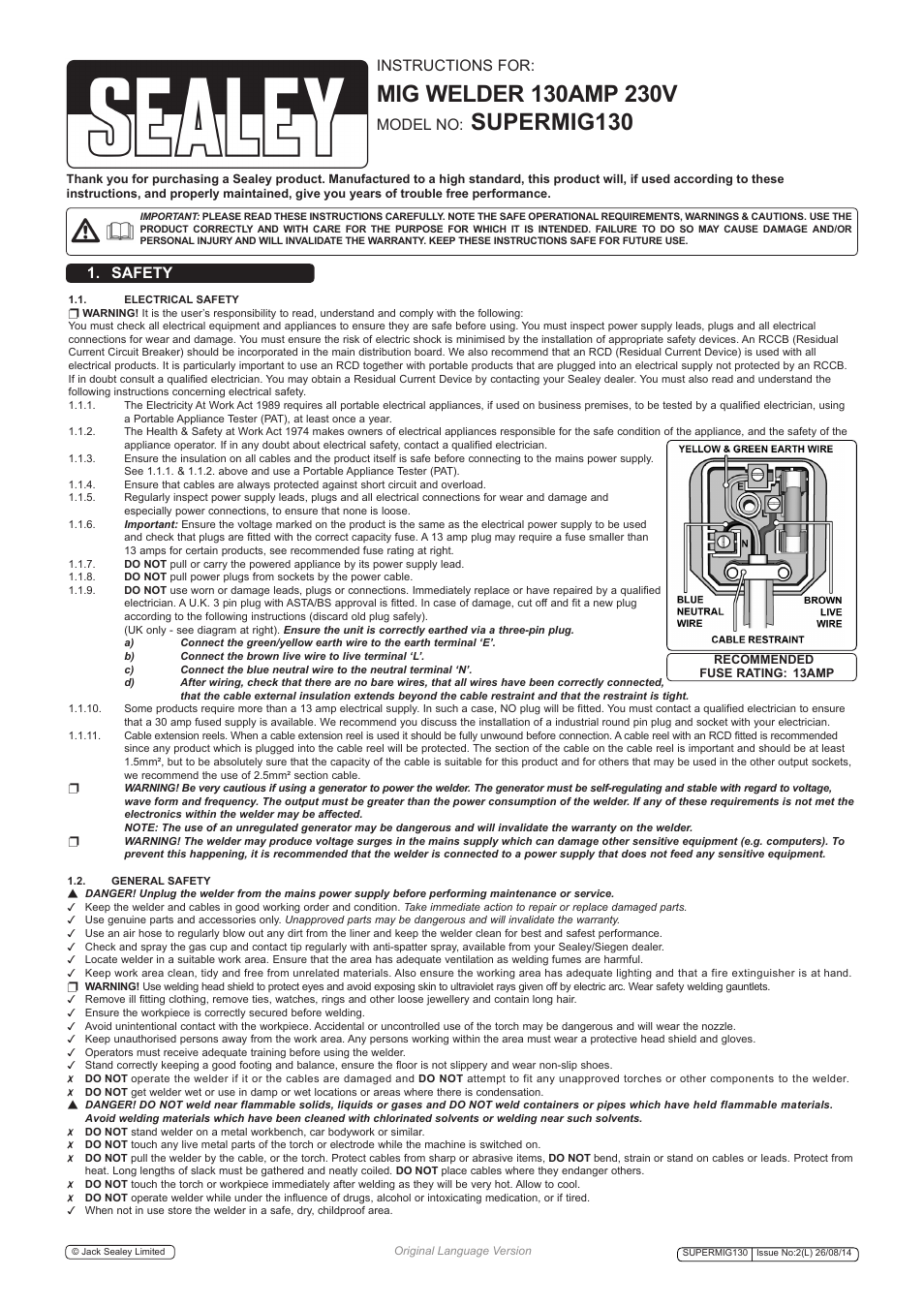 Supermig130, Instructions for, Model no | Safety | Sealey SUPERMIG130 User Manual | Page 2 / 6