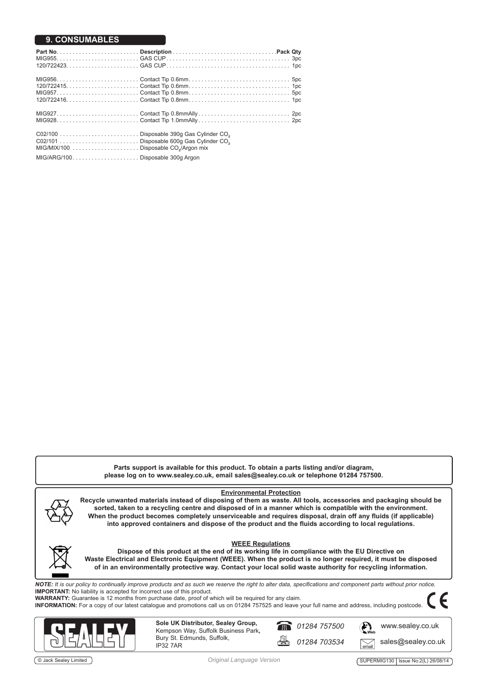 Consumables | Sealey SUPERMIG130 User Manual | Page 6 / 6