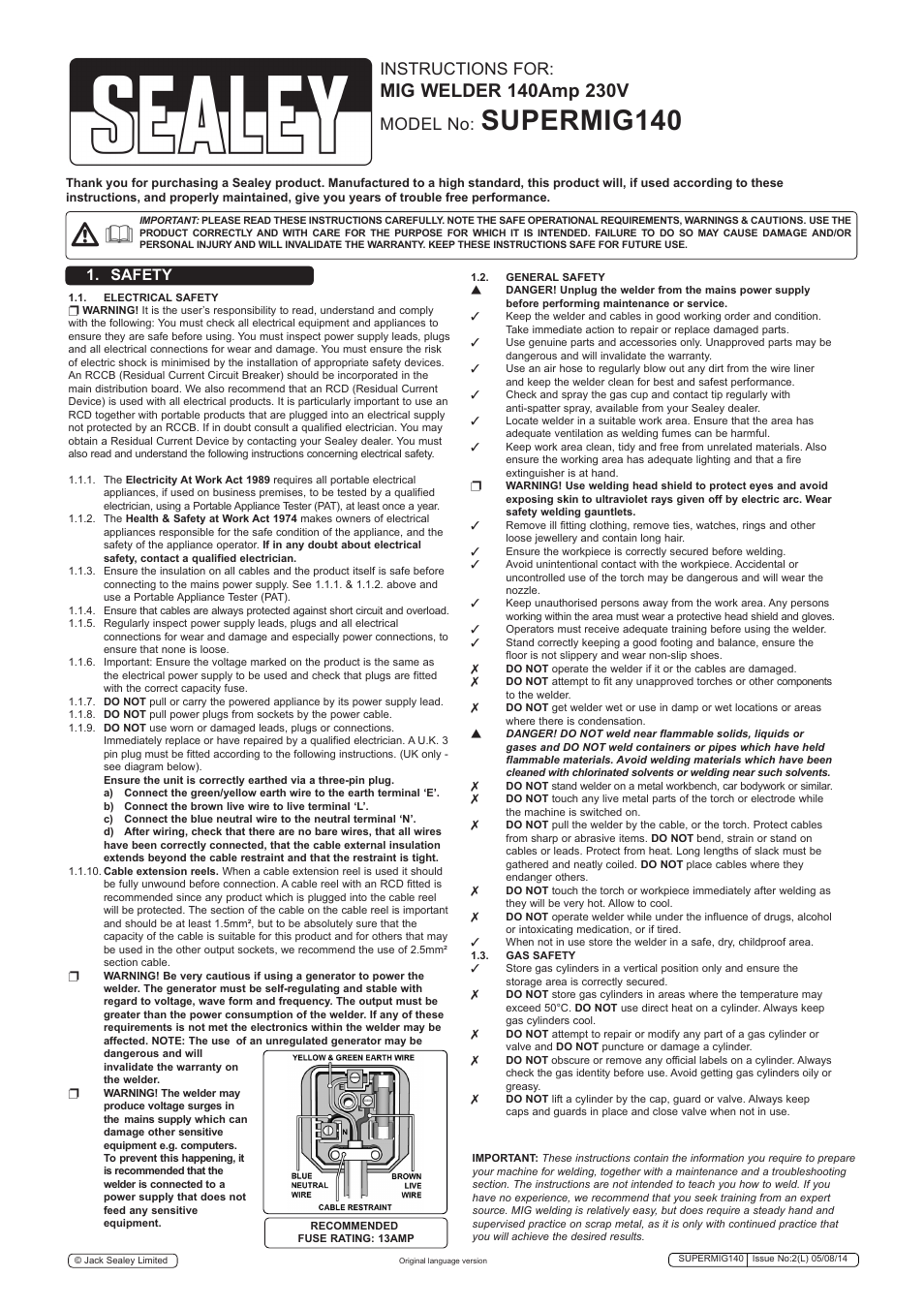 Supermig140, Instructions for, Model no | Safety | Sealey SUPERMIG140 User Manual | Page 2 / 8