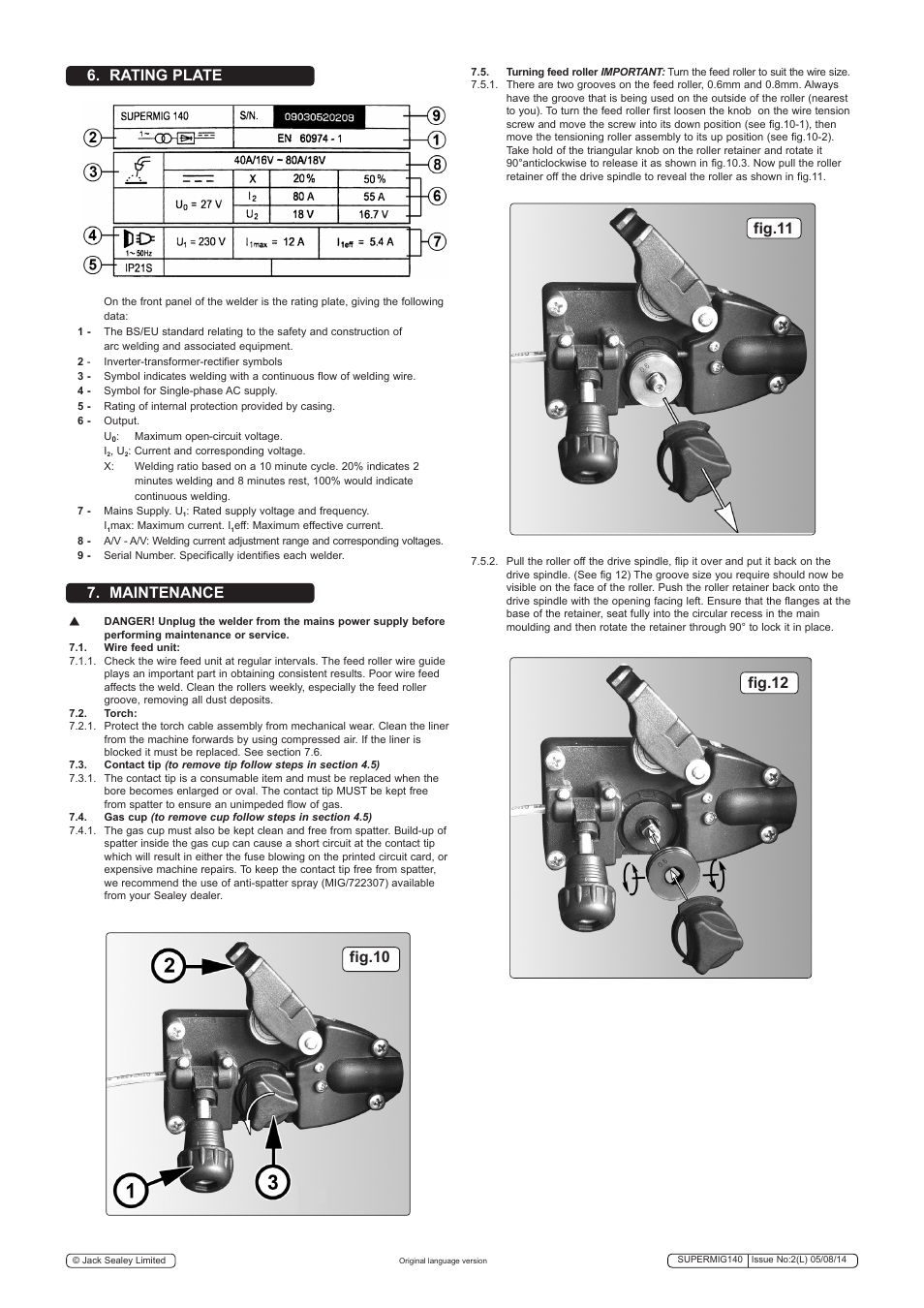 Rating plate 7. maintenance | Sealey SUPERMIG140 User Manual | Page 5 / 8