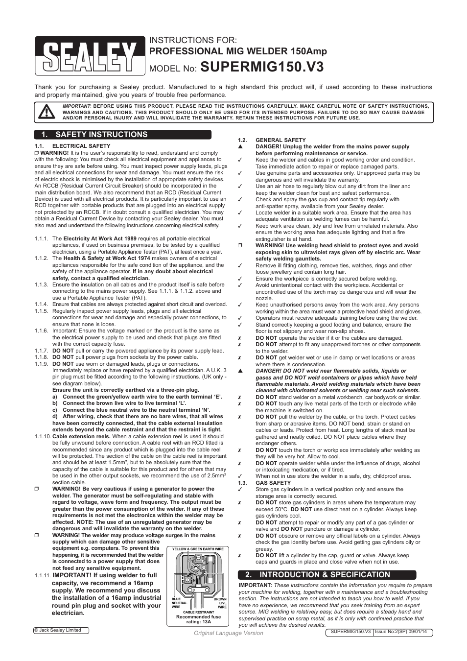 Supermig150.v3, Professional mig welder 150amp, Instructions for | Model no, Introduction & specification, Safety instructions | Sealey SUPERMIG150 User Manual | Page 2 / 6