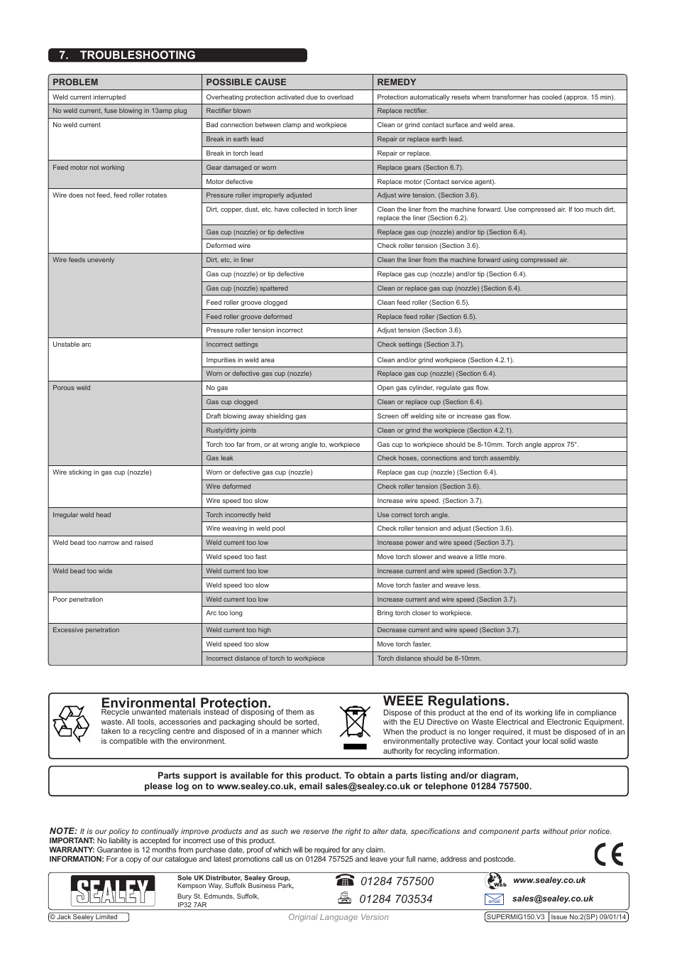 Environmental protection, Weee regulations, Troubleshooting | Sealey SUPERMIG150 User Manual | Page 6 / 6