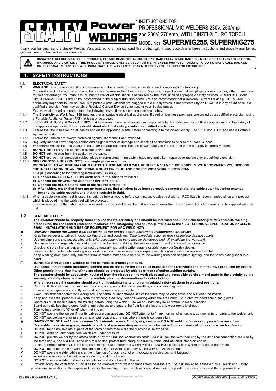 Safety instructions instructions for, Model nos | Sealey SUPERMIG255 User Manual | Page 2 / 8