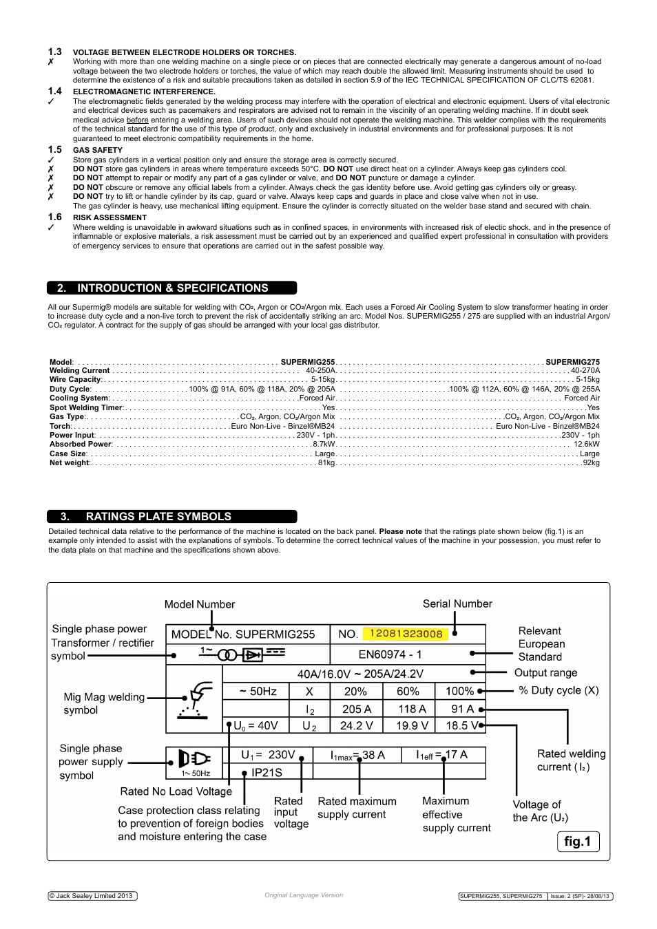 Fig.1, Introduction & specifications, Ratings plate symbols | Sealey SUPERMIG255 User Manual | Page 3 / 8