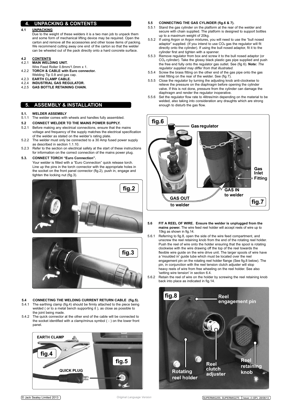 Fig.4 fig.5, Unpacking & contents 5. assembly & installation | Sealey SUPERMIG255 User Manual | Page 4 / 8