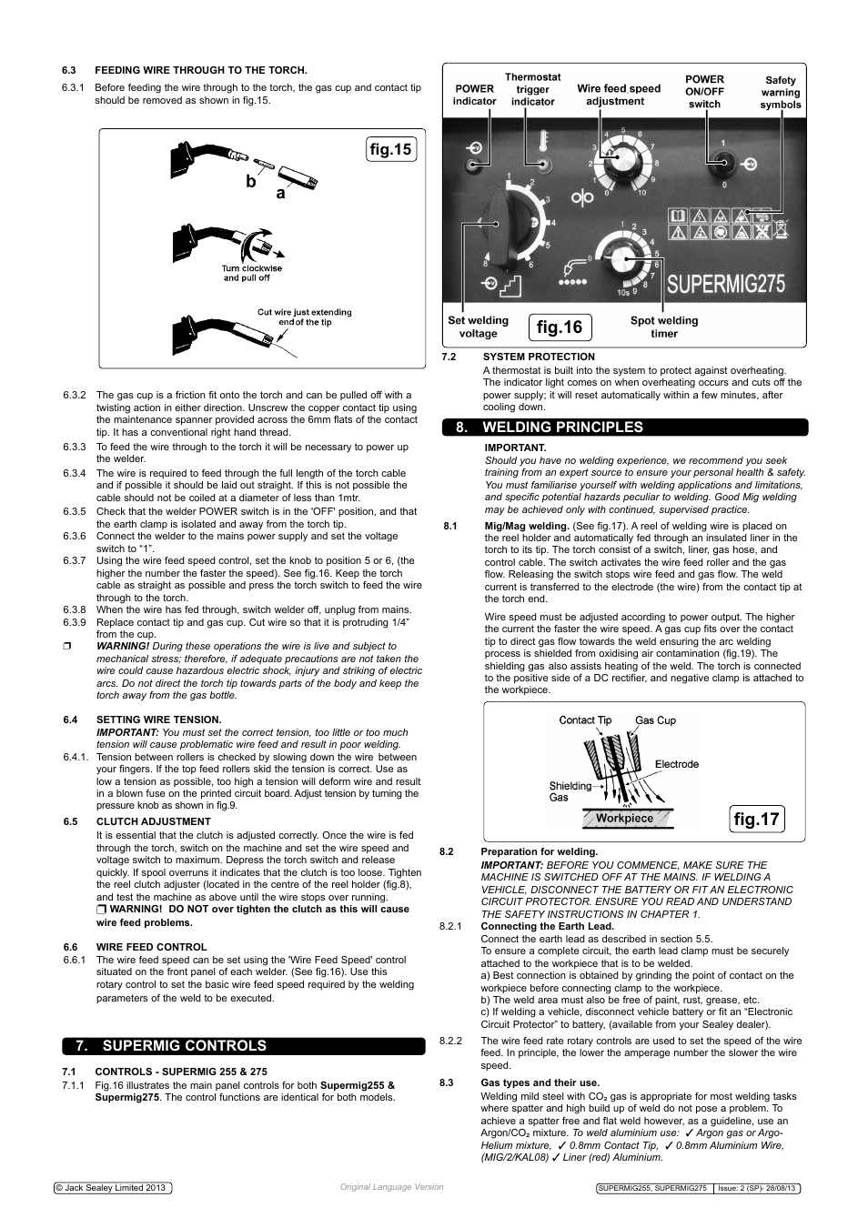 Fig.16, Fig.17, Fig.15 | Welding principles, Supermig controls | Sealey SUPERMIG255 User Manual | Page 6 / 8