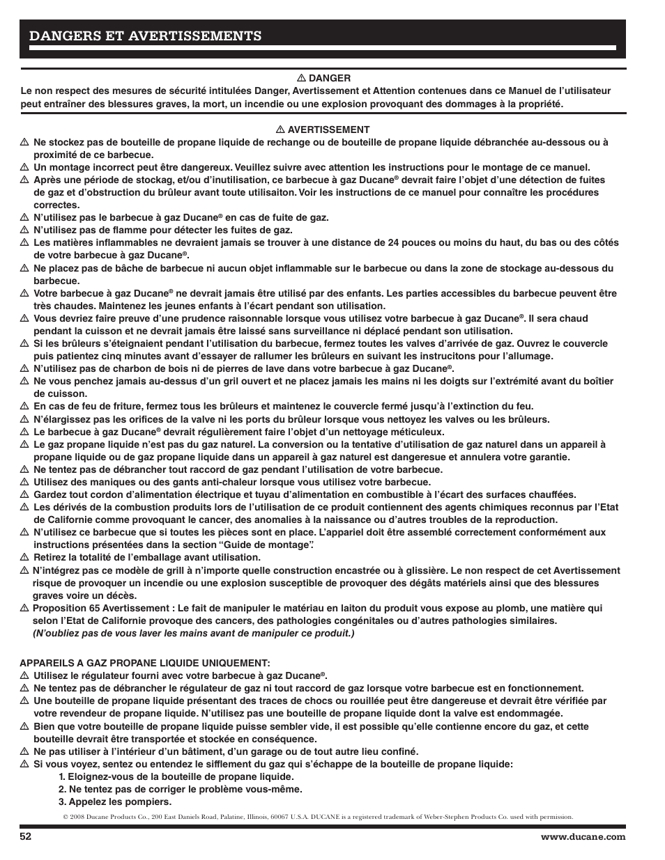 Dangers et avertissements | Ducane 4400 User Manual | Page 52 / 72