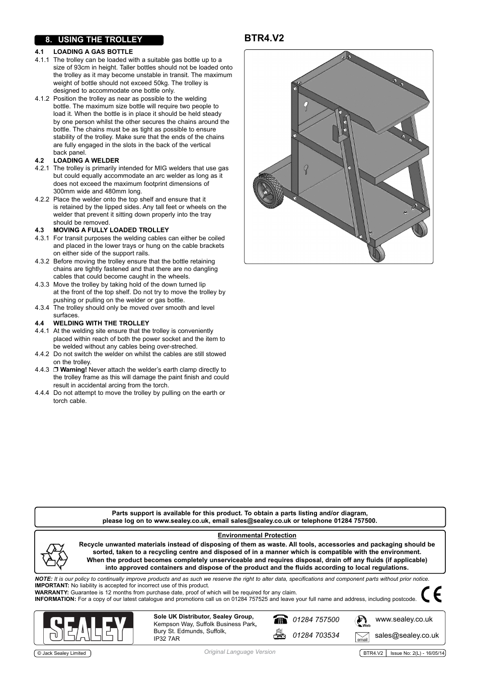 Btr4.v2, Using the trolley | Sealey BTR4 User Manual | Page 2 / 2