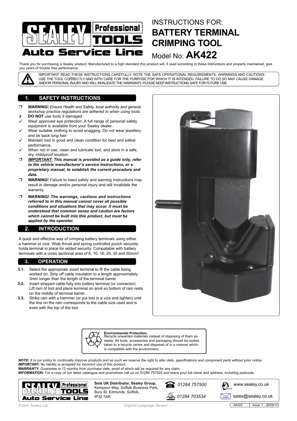 Sealey AK422 User Manual | 1 page