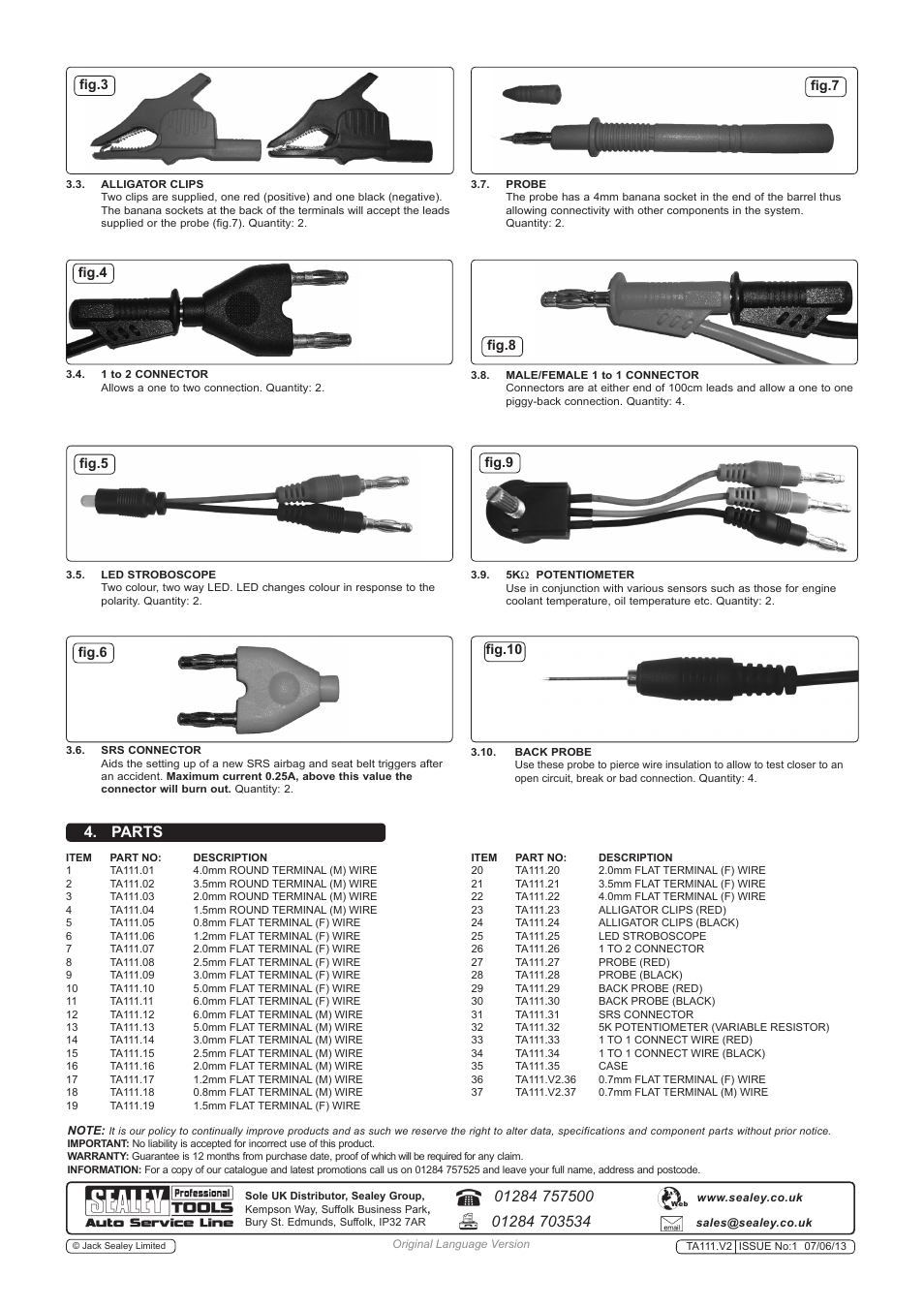 Parts | Sealey TA111 User Manual | Page 2 / 2