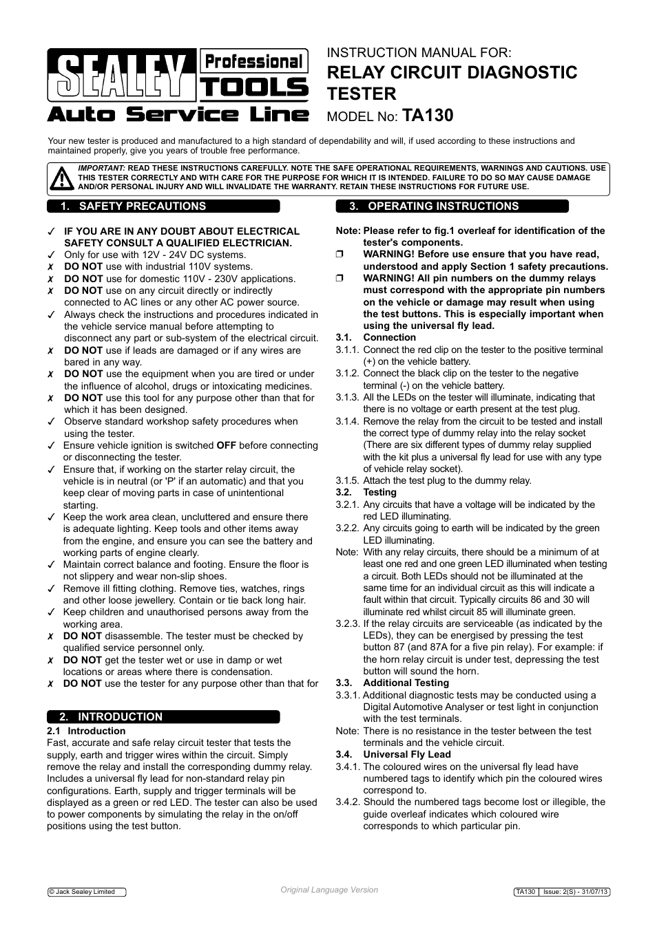 Sealey TA130 User Manual | 2 pages