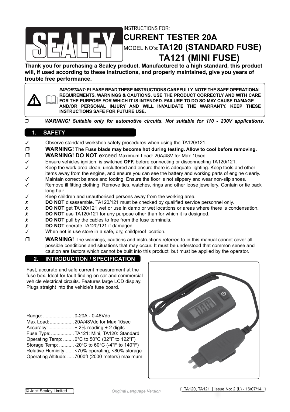 Sealey TA120 User Manual | 3 pages