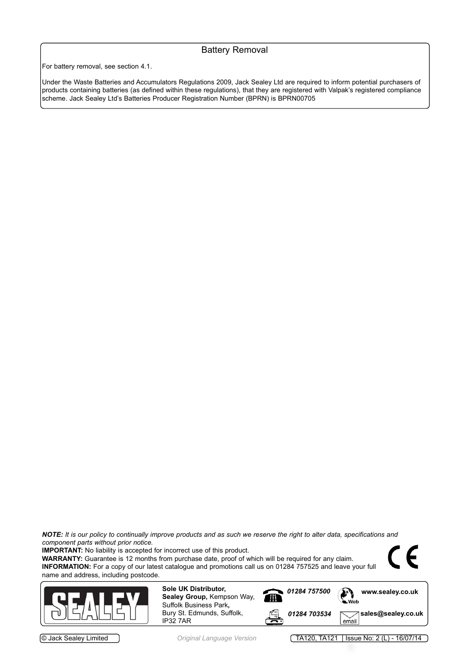 Battery removal | Sealey TA120 User Manual | Page 3 / 3