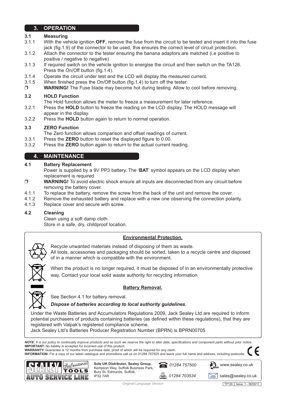 Operation 4. maintenance | Sealey TA126 User Manual | Page 2 / 2